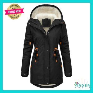 Winter Quilted Parka Fleece Lined Down Jacket Warm Puffer Coat Fur Hood